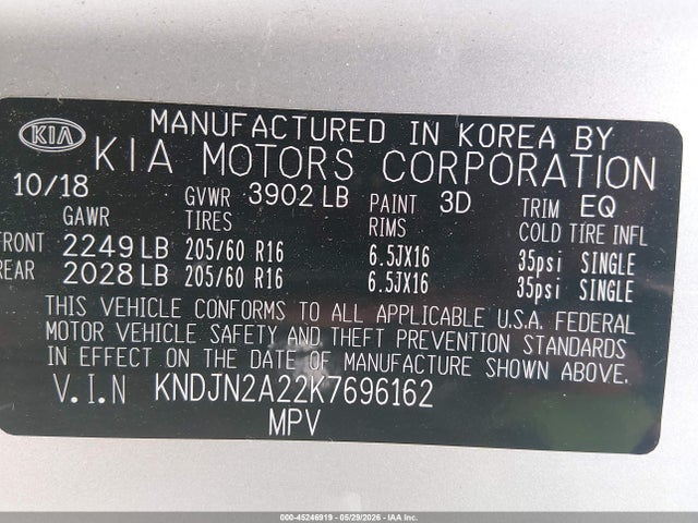 45246919 :رقم المزاد ، KNDJN2A22K7696162 vin ، 2019 Kia Soul مزاد بيع