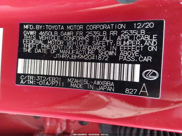 45246935 :رقم المزاد ، JTHR9JBH9M2041872 vin ، 2021 Lexus Ux 250h F Sport مزاد بيع