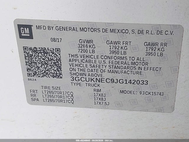 Продаж на аукціоні авто 2018 Chevrolet Silverado 1500 Wt, vin: 3GCUKNEC9JG142033, номер лоту: 45246945