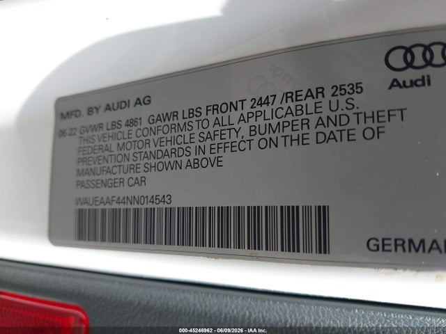 Продаж на аукціоні авто 2022 Audi A4 Premium Plus 45 Tfsi S Line Quattro S Tronic, vin: WAUEAAF44NN014543, номер лоту: 45246962