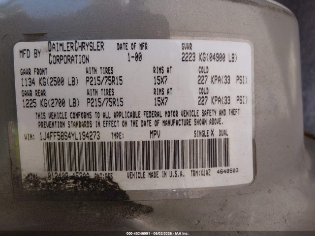 Aukcja sprzedaży 2000 Jeep Cherokee Classic, vin: 1J4FF58S4YL194273, numer aukcji: 45246991