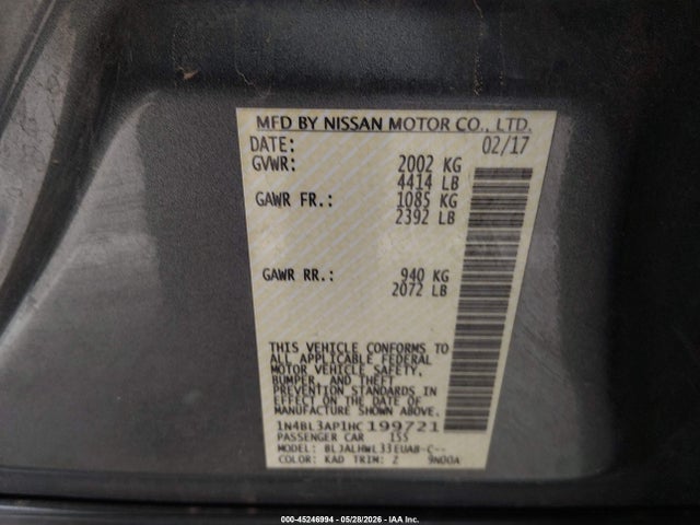 Aukcja sprzedaży 2017 Nissan Altima 3.5 Sr, vin: 1N4BL3AP1HC199721, numer aukcji: 45246994