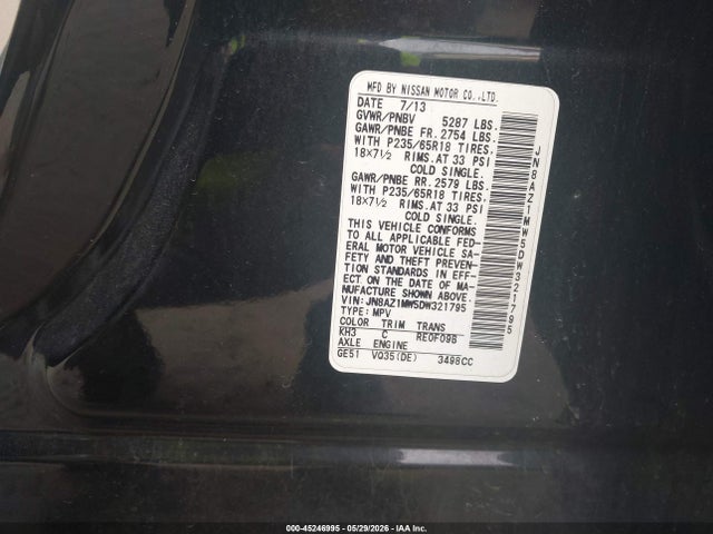 Продаж на аукціоні авто 2013 Nissan Murano Sl, vin: JN8AZ1MW5DW321795, номер лоту: 45246995