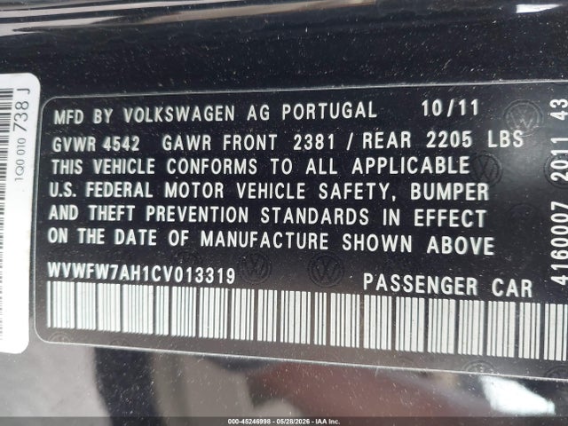 Auction sale of the 2012 Volkswagen Eos Executive, vin: WVWFW7AH1CV013319, lot number: 45246998