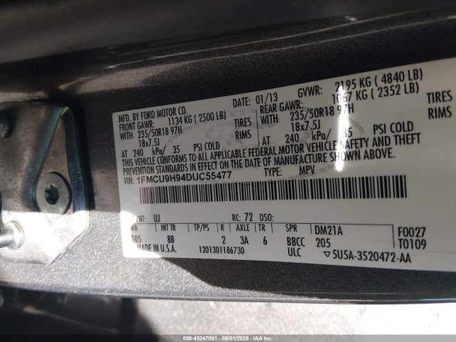 Продажа на аукционе авто 2013 Ford Escape Sel, vin: 1FMCU9H94DUC55477, номер лота: 45247001