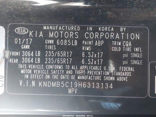 KIA SEDONA LX 2017 KNDMB5C19H6313134 Image 9