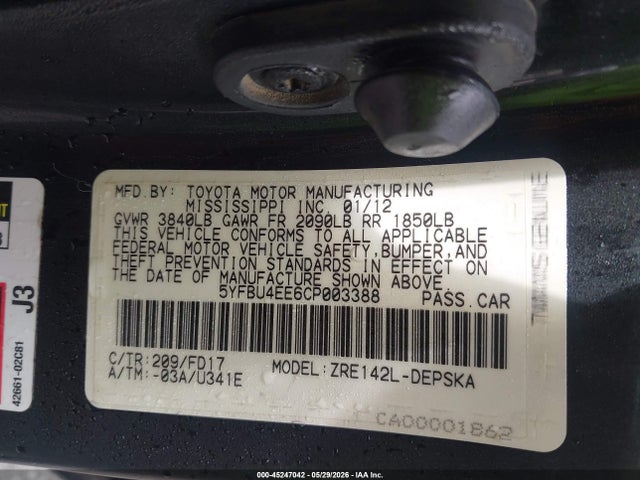 Aukcja sprzedaży 2012 Toyota Corolla S, vin: 5YFBU4EE6CP003388, numer aukcji: 45247042