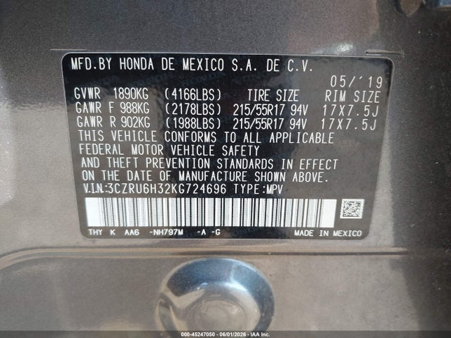 Aukcja sprzedaży 2019 Honda Hr-v Lx, vin: 3CZRU6H32KG724696, numer aukcji: 45247050