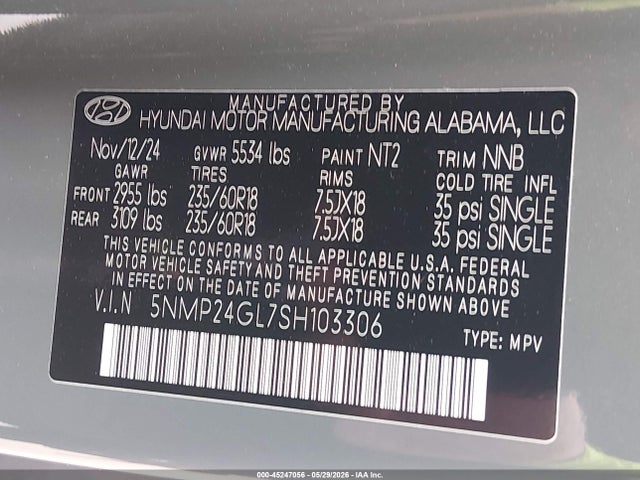 45247056 :رقم المزاد ، 5NMP24GL7SH103306 vin ، 2025 Hyundai Santa Fe Sel مزاد بيع