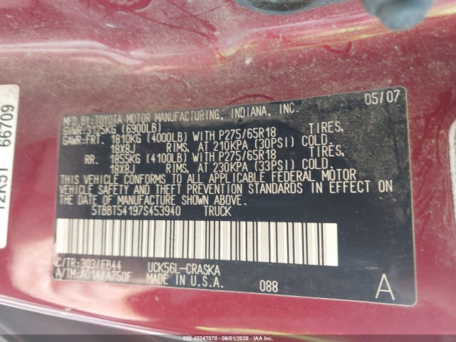 Auction sale of the 2007 Toyota Tundra Sr5 4.7l V8, vin: 5TBBT54197S453940, lot number: 45247070