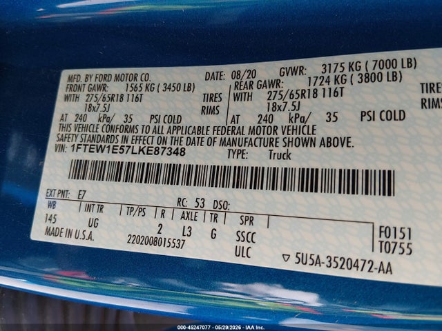 45247077 :رقم المزاد ، 1FTEW1E57LKE87348 vin ، 2020 Ford F-150 Xlt مزاد بيع