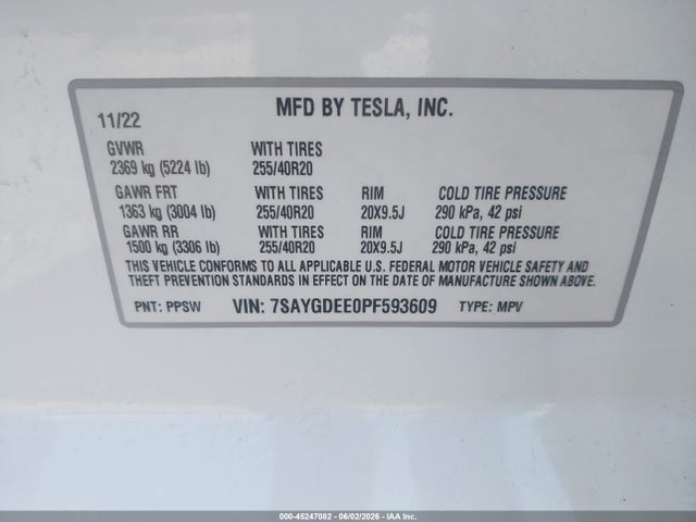 Aukcja sprzedaży 2023 Tesla Model Y Awd/long Range Dual Motor All-wheel Drive, vin: 7SAYGDEE0PF593609, numer aukcji: 45247082
