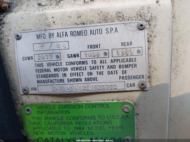 Aukcja sprzedaży 1984 Alfa Romeo Veloce 2000 Spider, vin: ZARBA5412E1020702, numer aukcji: 45247083