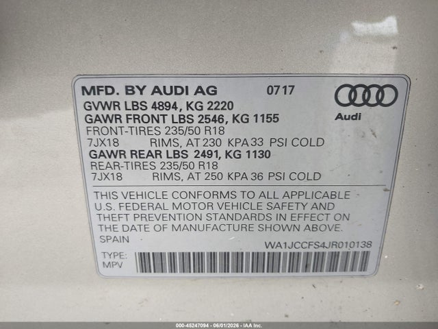 2018 Audi Q3 2.0t Premium/2.0t Sport Premium მანქანა იყიდება აუქციონზე, vin: WA1JCCFS4JR010138, აუქციონის ნომერი: 45247094
