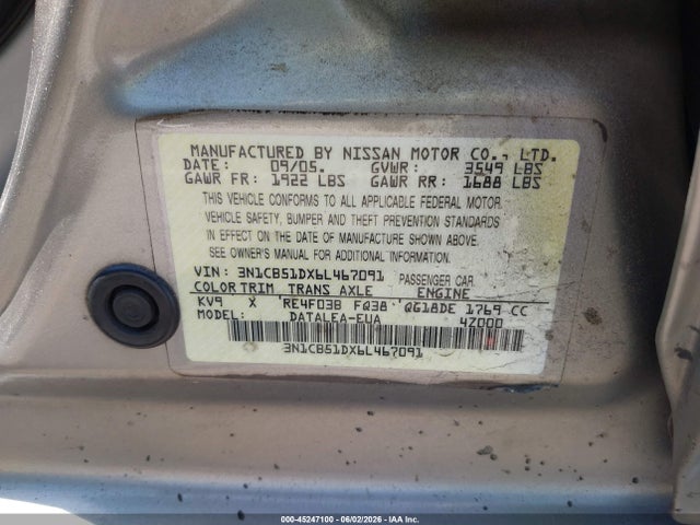 Продаж на аукціоні авто 2006 Nissan Sentra 1.8s, vin: 3N1CB51DX6L467091, номер лоту: 45247100