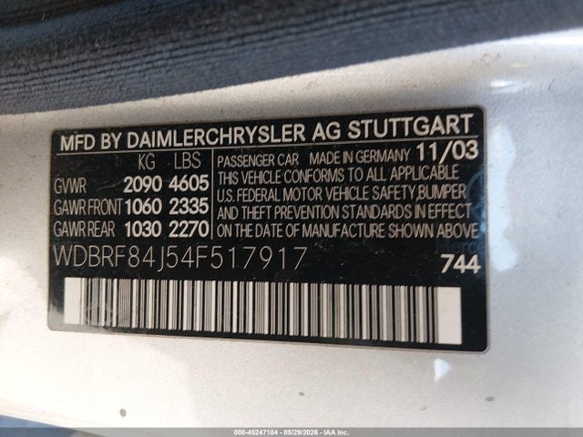 2004 Mercedes-benz C 320 4matic მანქანა იყიდება აუქციონზე, vin: WDBRF84J54F517917, აუქციონის ნომერი: 45247104