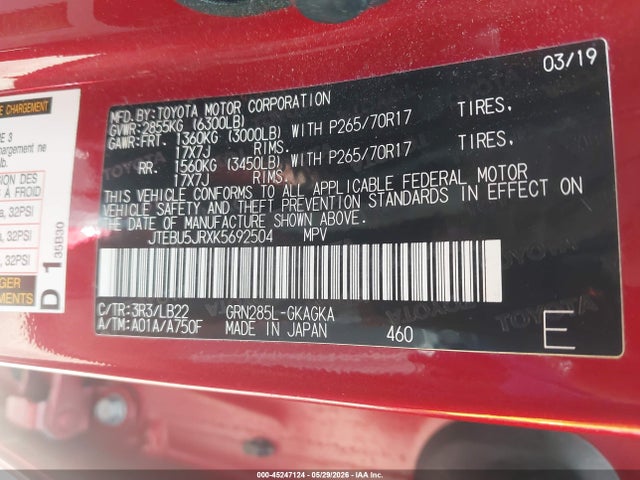 Aukcja sprzedaży 2019 Toyota 4runner Sr5 Premium, vin: JTEBU5JRXK5692504, numer aukcji: 45247124