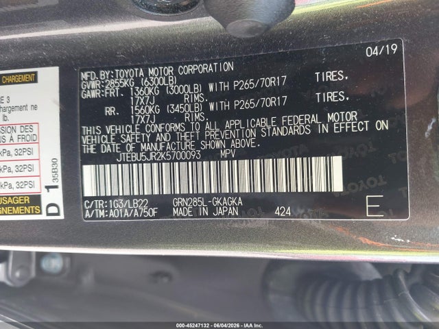 Продажа на аукционе авто 2019 Toyota 4runner Sr5 Premium, vin: JTEBU5JR2K5700093, номер лота: 45247132
