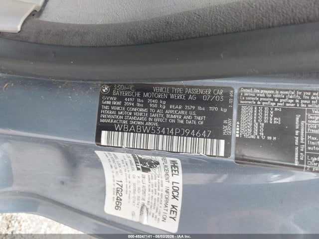 2004 Bmw 330ci მანქანა იყიდება აუქციონზე, vin: WBABW53414PJ94647, აუქციონის ნომერი: 45247141