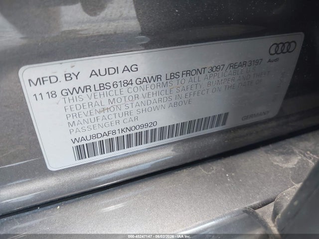 Aukcja sprzedaży 2019 Audi A8 L 55, vin: WAU8DAF81KN009920, numer aukcji: 45247147