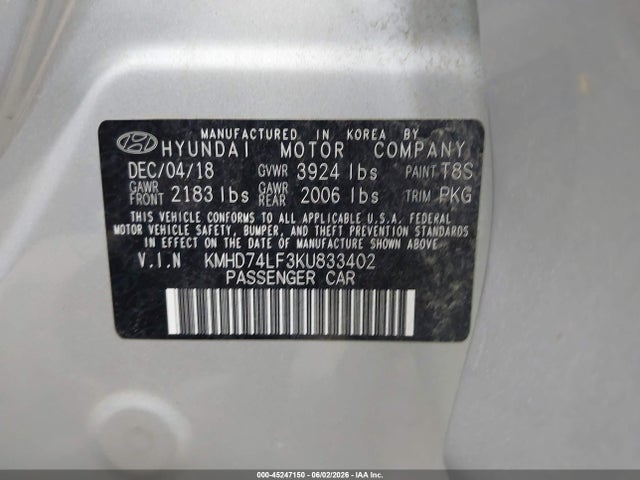 Aukcja sprzedaży 2019 Hyundai Elantra Se, vin: KMHD74LF3KU833402, numer aukcji: 45247150