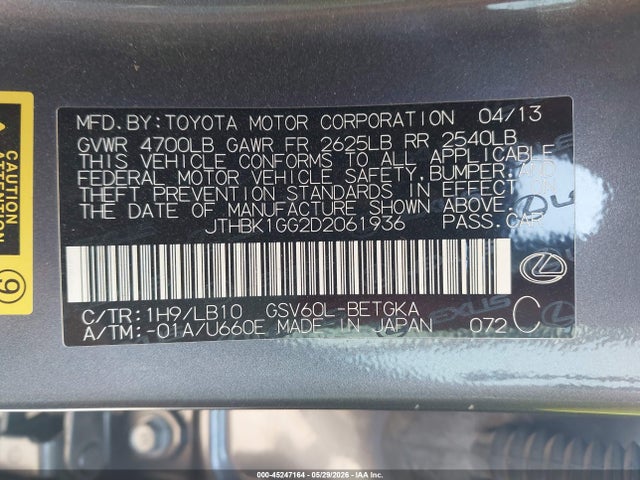 Aukcja sprzedaży 2013 Lexus Es 350, vin: JTHBK1GG2D2061936, numer aukcji: 45247164