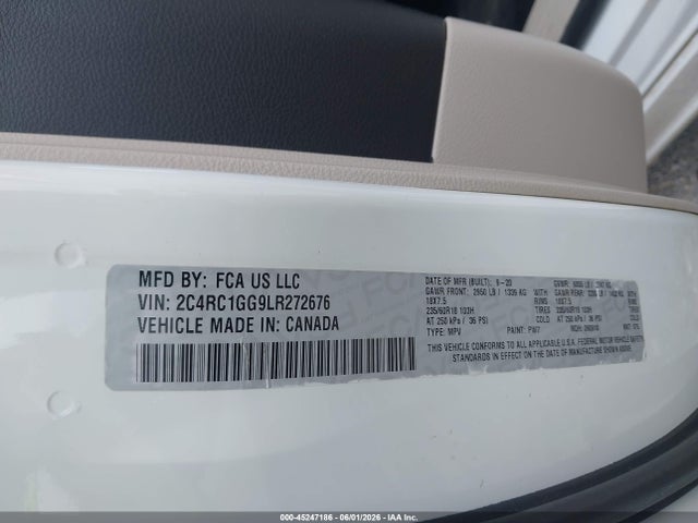 45247186 :رقم المزاد ، 2C4RC1GG9LR272676 vin ، 2020 Chrysler Pacifica Limited مزاد بيع