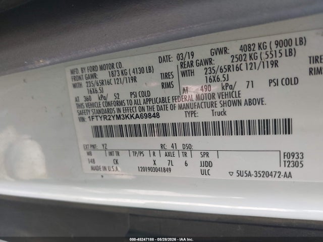 Aukcja sprzedaży 2019 Ford Transit-250, vin: 1FTYR2YM3KKA69848, numer aukcji: 45247188