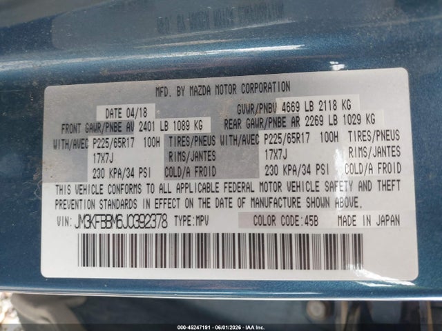 Продаж на аукціоні авто 2018 Mazda Cx-5 Sport, vin: JM3KFBBM6J0392378, номер лоту: 45247191