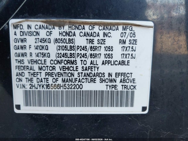 Aukcja sprzedaży 2006 Honda Ridgeline Rtl, vin: 2HJYK16566H532200, numer aukcji: 45247198
