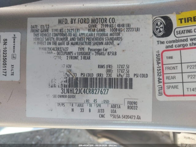 45247205 :رقم المزاد ، 3LNHL2JC4CR827627 vin ، 2012 Lincoln Mkz مزاد بيع