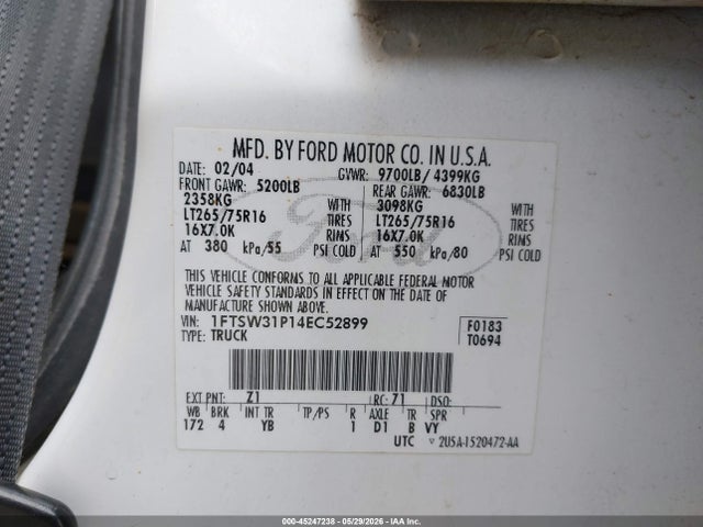 45247238 :رقم المزاد ، 1FTSW31P14EC52899 vin ، 2004 Ford F-350 Lariat/xl/xlt مزاد بيع