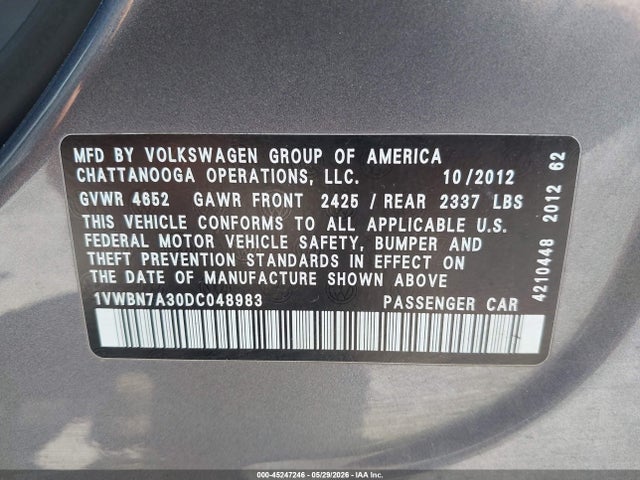Продаж на аукціоні авто 2013 Volkswagen Passat 2.0l Tdi Se, vin: 1VWBN7A30DC048983, номер лоту: 45247246
