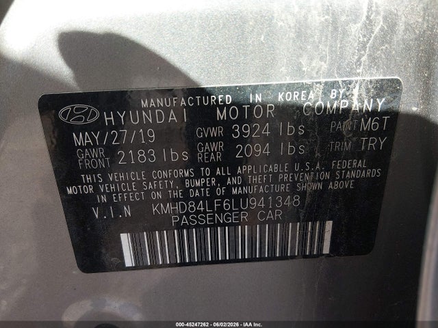 45247262 :رقم المزاد ، KMHD84LF6LU941348 vin ، 2020 Hyundai Elantra Sel مزاد بيع