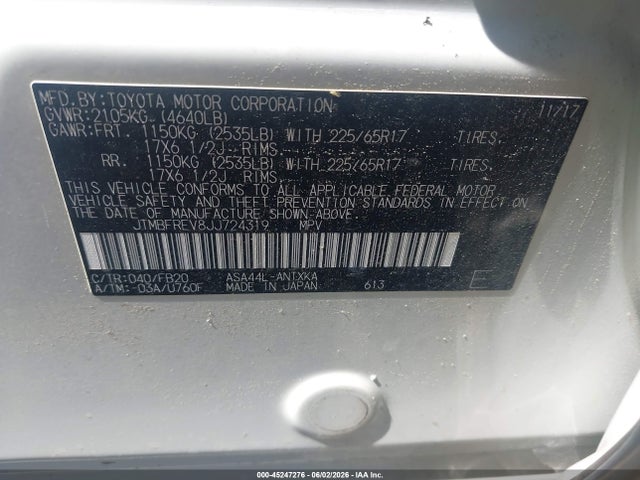 2018 Toyota Rav4 Le მანქანა იყიდება აუქციონზე, vin: JTMBFREV8JJ724319, აუქციონის ნომერი: 45247276