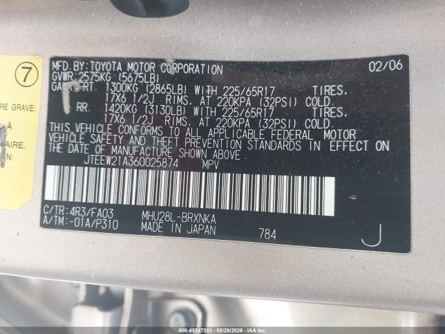 Продаж на аукціоні авто 2006 Toyota Highlander Hybrid V6, vin: JTEEW21A360025874, номер лоту: 45247281