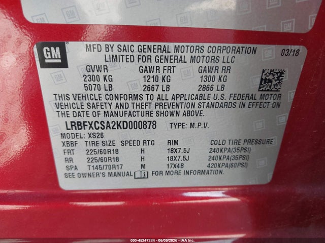 45247284 :رقم المزاد ، LRBFXCSA2KD000878 vin ، 2019 Buick Envision Fwd Essence مزاد بيع