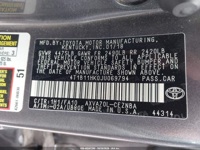 Toyota CAMRY LE 2018 4T1B11HK0JU069794 Image 9