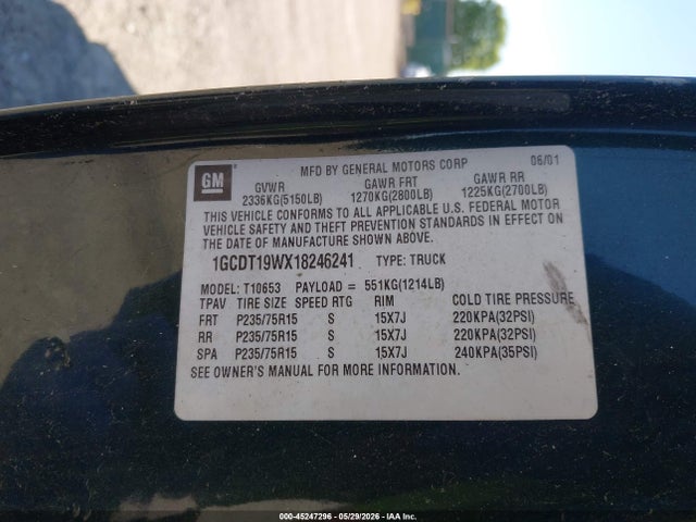 45247296 :رقم المزاد ، 1GCDT19WX18246241 vin ، 2001 Chevrolet S-10 Ls مزاد بيع