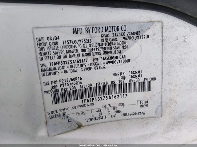Продажа на аукционе авто 2005 Ford Taurus Se, vin: 1FAFP53275A162117, номер лота: 45247299