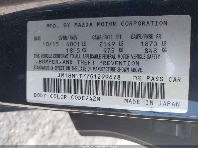 45247301 :رقم المزاد ، JM1BM1T77G1299678 vin ، 2016 Mazda Mazda3 I Sport مزاد بيع