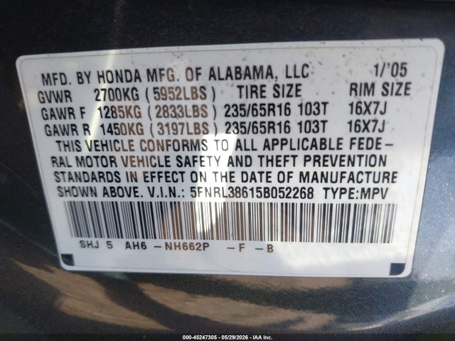 45247305 :رقم المزاد ، 5FNRL38615B052268 vin ، 2005 Honda Odyssey Ex-l مزاد بيع