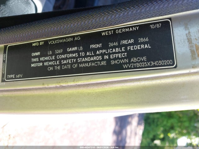 Продаж на аукціоні авто 1988 Volkswagen Vanagon Bus, vin: WV2YB025XJH030200, номер лоту: 45247310