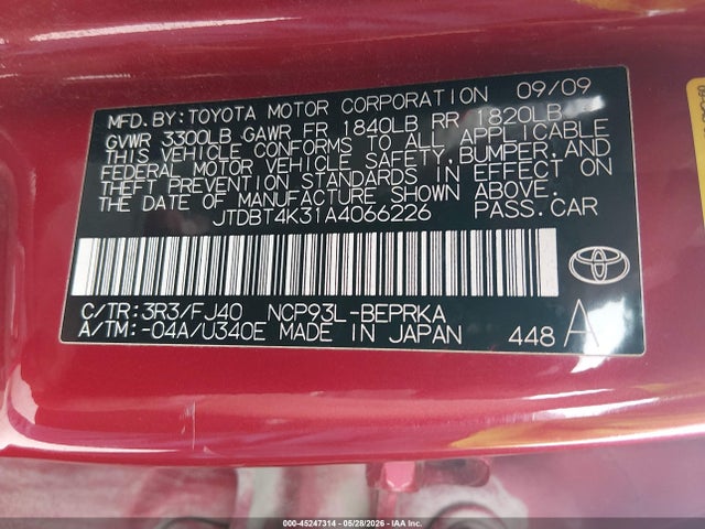 Aukcja sprzedaży 2010 Toyota Yaris, vin: JTDBT4K31A4066226, numer aukcji: 45247314
