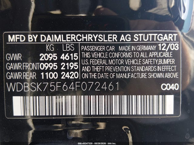 Aukcja sprzedaży 2004 Mercedes-benz Sl 500, vin: WDBSK75F64F072461, numer aukcji: 45247320