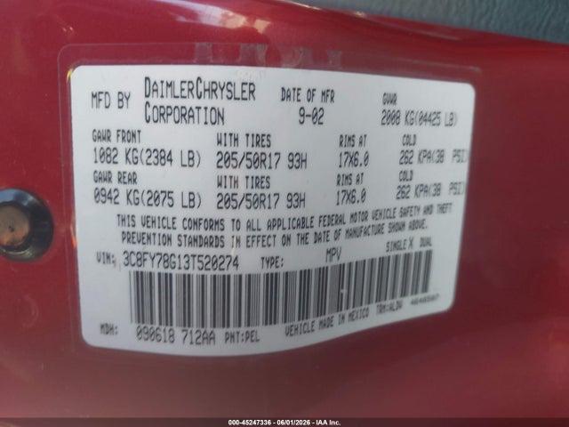 Продаж на аукціоні авто 2003 Chrysler Pt Cruiser Gt, vin: 3C8FY78G13T520274, номер лоту: 45247336