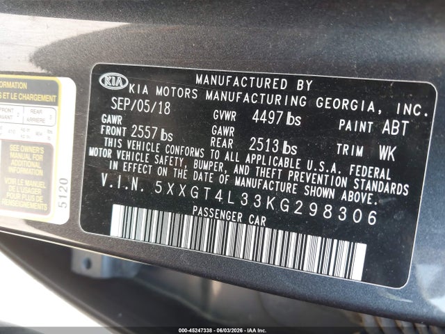 Aukcja sprzedaży 2019 Kia Optima Lx, vin: 5XXGT4L33KG298306, numer aukcji: 45247338