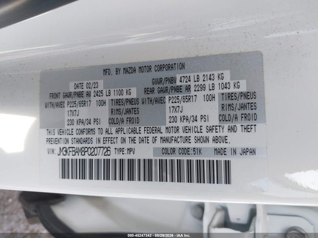 Aukcja sprzedaży 2023 Mazda Cx-5 2.5 S, vin: JM3KFBAM8P0207726, numer aukcji: 45247342