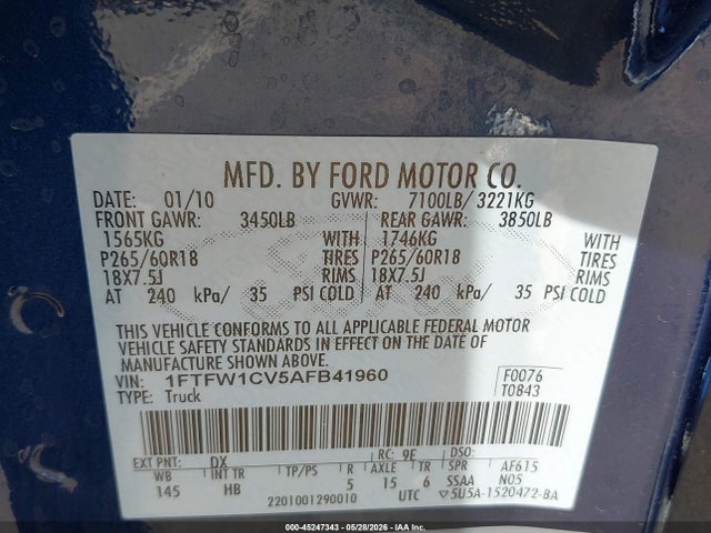 Продажа на аукционе авто 2010 Ford F-150 Fx2 Sport/harley-davidson/king Ranch/lariat/platinum/xl/xlt, vin: 1FTFW1CV5AFB41960, номер лота: 45247343