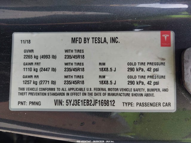 Продажа на аукционе авто 2018 Tesla Model 3 Long Range/performance, vin: 5YJ3E1EB2JF169812, номер лота: 45247347